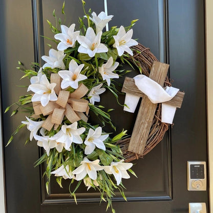 🏆#1 Bestselling - ✝️ Easter “Holy Embrace” White Lilies Crucifix Wreath🔥BUY 2 GET 10% OFF