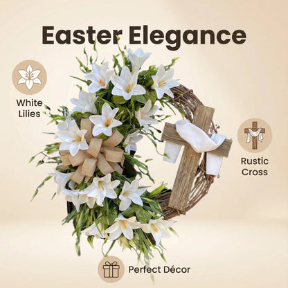🏆#1 Bestselling - ✝️ Easter “Holy Embrace” White Lilies Crucifix Wreath🔥BUY 2 GET 10% OFF
