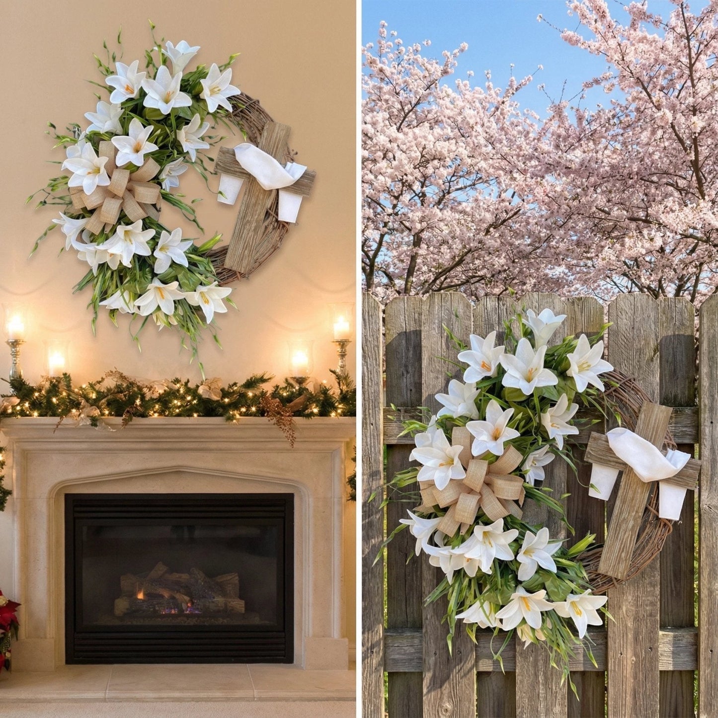 🏆#1 Bestselling - ✝️ Easter “Holy Embrace” White Lilies Crucifix Wreath🔥BUY 2 GET 10% OFF