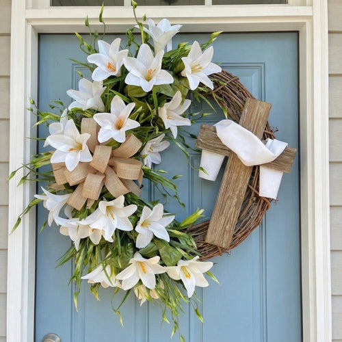 🏆#1 Bestselling - ✝️ Easter “Holy Embrace” White Lilies Crucifix Wreath🔥BUY 2 GET 10% OFF