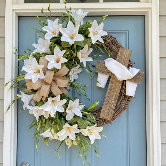 🏆#1 Bestselling - ✝️ Easter “Holy Embrace” White Lilies Crucifix Wreath🔥BUY 2 GET 10% OFF