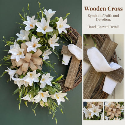 🏆#1 Bestselling - ✝️ Easter “Holy Embrace” White Lilies Crucifix Wreath🔥BUY 2 GET 10% OFF